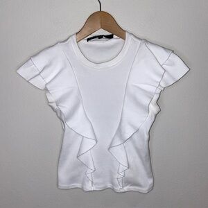 Veronica Beard‎ Jeans Ribbed White Ruffled Cotton Short Sleeve Top Size XS
